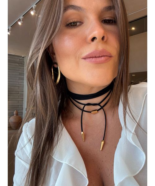 CORDÃO COURO BOHO PRETO CANUTILHO BANHADO A OURO - Dri Ferreira Semi Joias