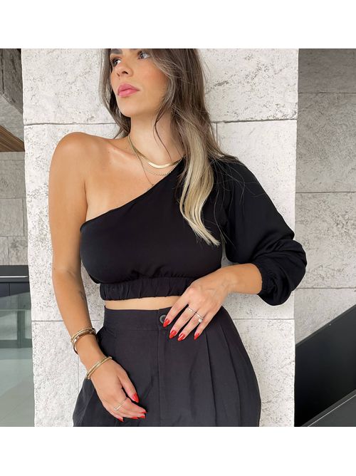 Blusa Georgia Ombro único manga comprida - Preto - AMARI BRAND