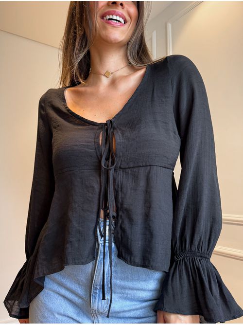 Blusa Claudia babados e amarração - Preto - AMARI BRAND