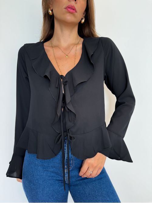 Blusa Atena manga longa com amarração e babados - ... - AMARI BRAND