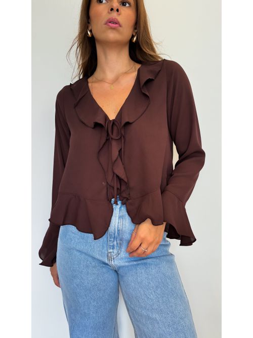 Blusa Atena manga longa com amarração e babados - ... - AMARI BRAND