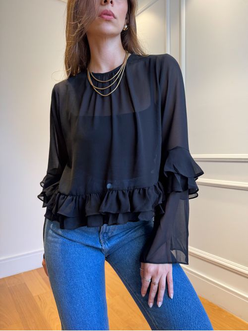 Blusa Ester manga longa com babado e transparência... - AMARI BRAND