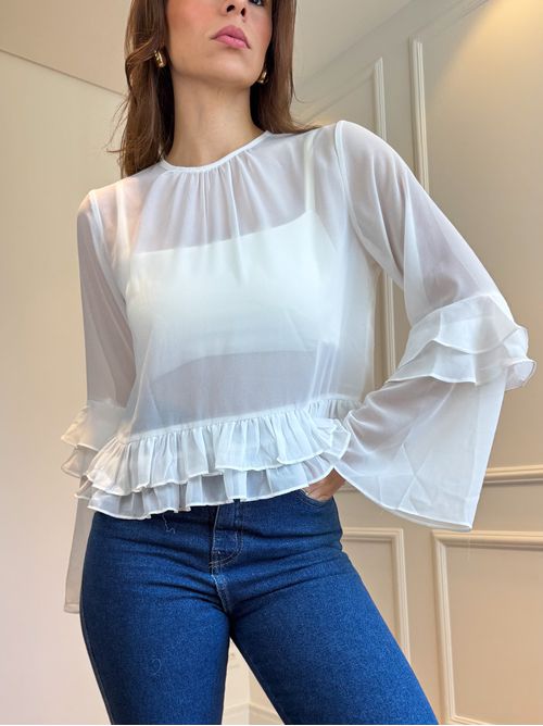 Blusa Ester manga longa com babado e transparência... - AMARI BRAND