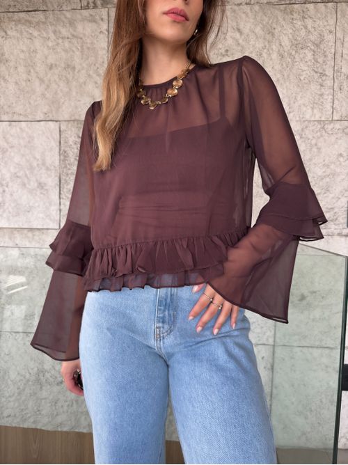Blusa Ester manga longa com babado e transparência... - AMARI BRAND