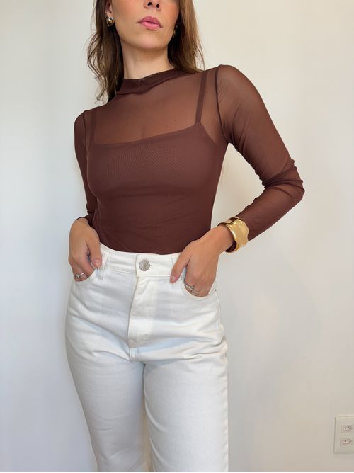 Body Raica tule gola alta - Marrom - AMARI BRAND