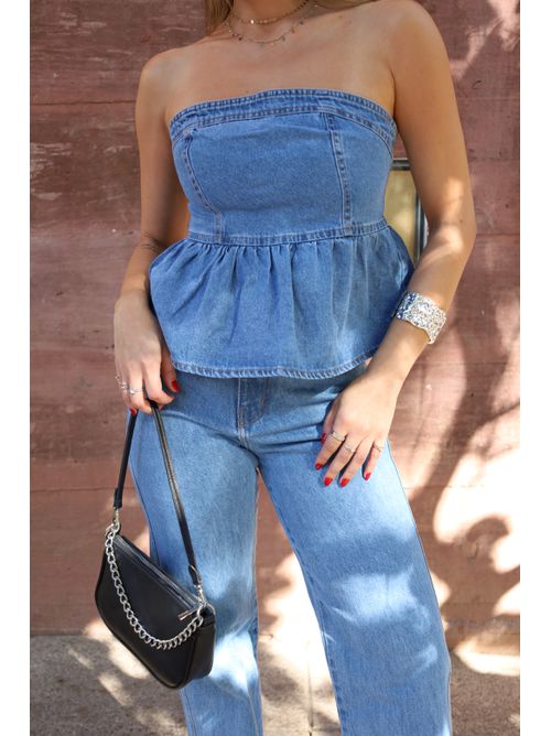 Top Peplum Mariane jeans sem alças - lavagem media - AMARI BRAND