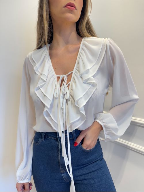 Blusa Clarisse manga longa com bab e amarração tra... - AMARI BRAND