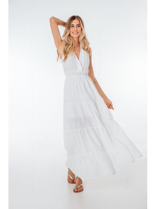 Vestido Babi longo com decote V lastex na cintura ... - AMARI BRAND