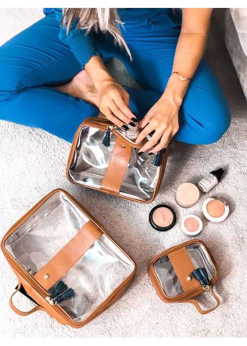 Kit 3 Necessaires em Couro Caramelo Vinil Transpar... - Donna Clô