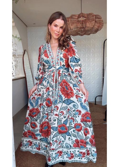 Vestido Longo Manga Francisca Estampado - LUCIELENA LARA