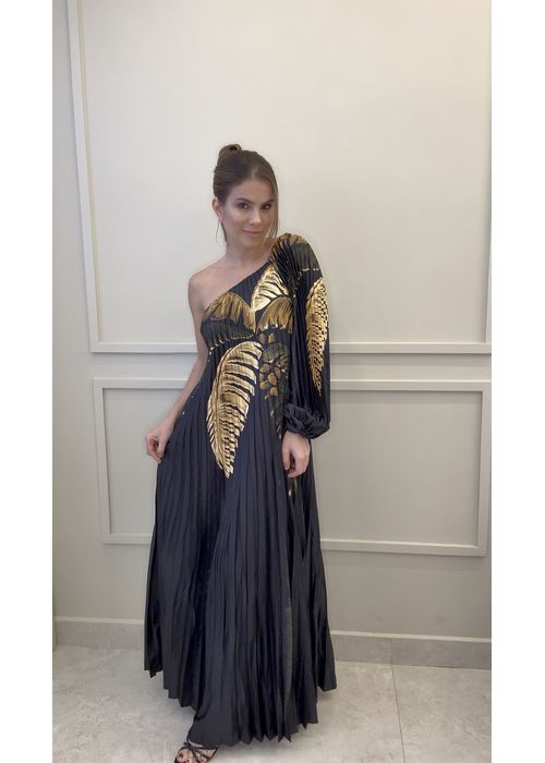 Vestido Plissado Itacare Preto Estampado - LUCIELENA LARA