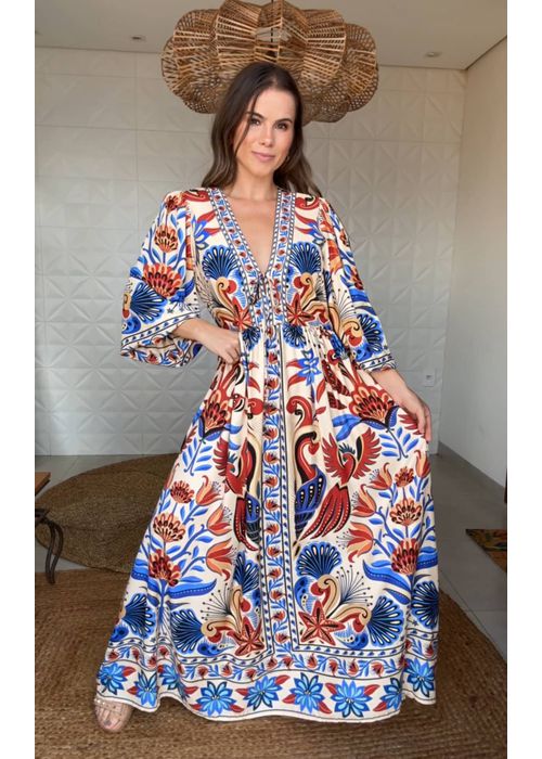 Vestido Longo Manga Sonho De Mar Estampado - LUCIELENA LARA