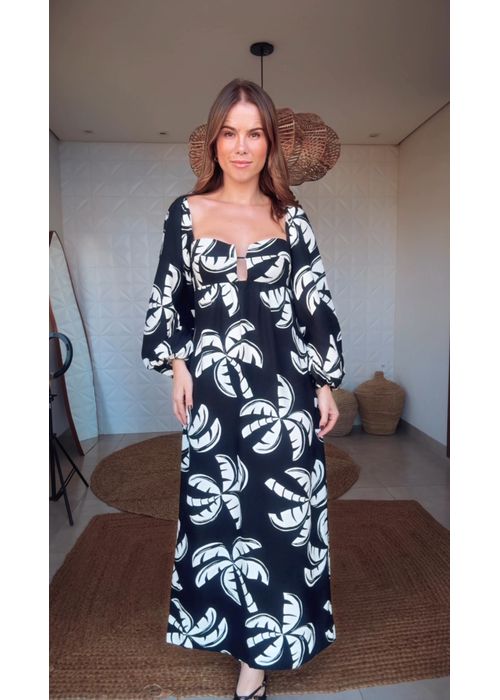 Vestido Longo Manga Coqueirada Estampado - LUCIELENA LARA
