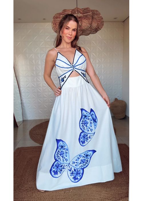 Vestido Longo Borboleta De Porcelana Estampado - LUCIELENA LARA
