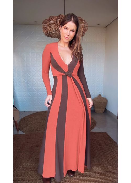 Vestido Decote Crepe Marrom Café Estampado - LUCIELENA LARA