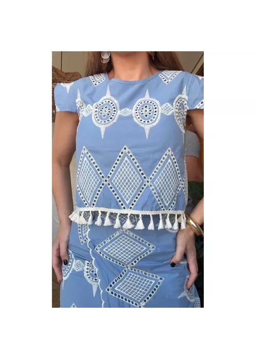 Blusa Bordada Nicole Azul Claro - LUCIELENA LARA