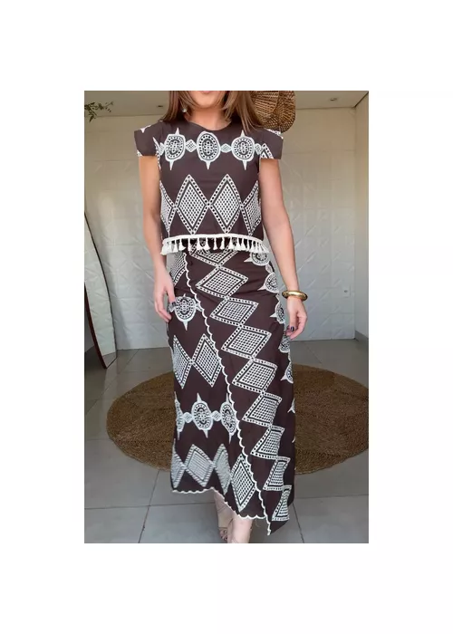 Saia Bordada Nicole Marrom Cafe - LUCIELENA LARA