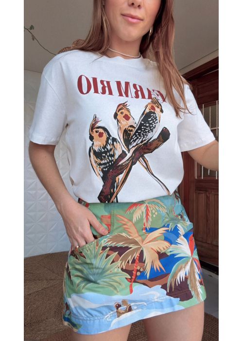 Tshirt Media Calopsita Bege Ostra Estampado - LUCIELENA LARA