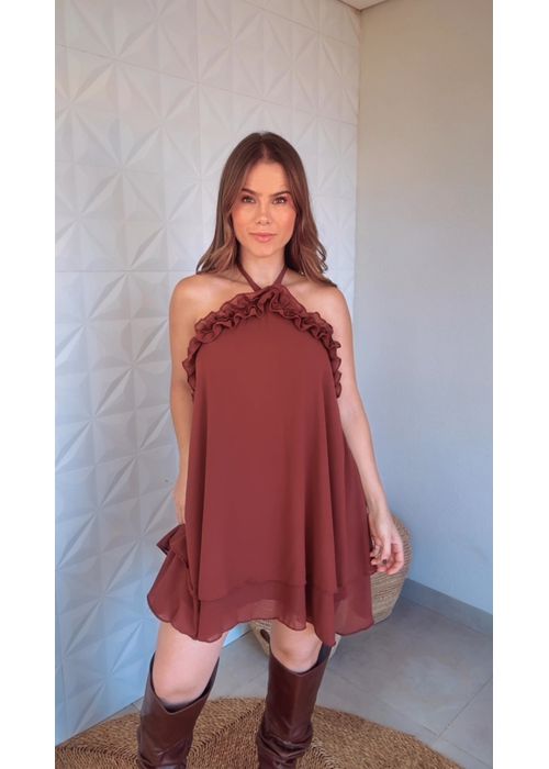 Vestido Curto Babado Marrom - LUCIELENA LARA