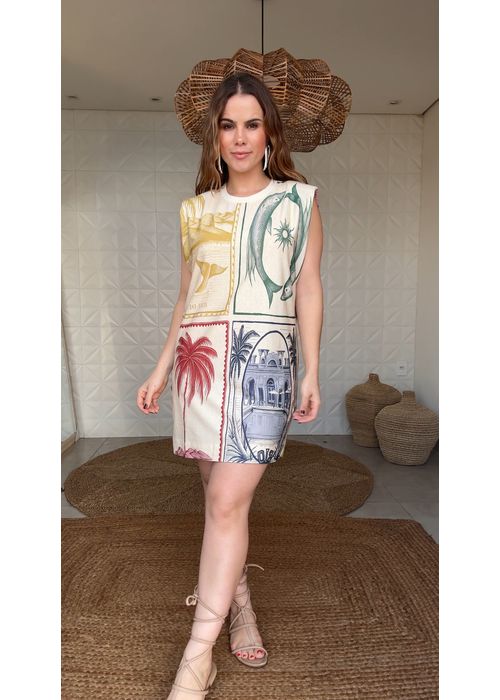 Vestido Curto Ombreira Brasil Vintage Estampado - LUCIELENA LARA