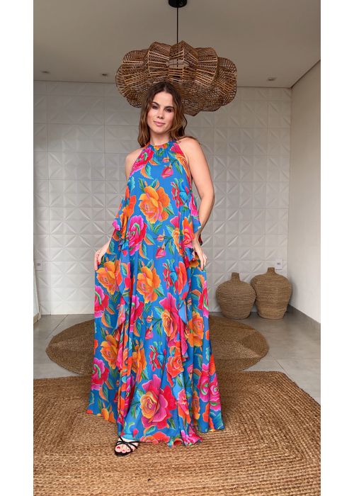 Vestido Babados Rosas Pintadas Estampado - LUCIELENA LARA