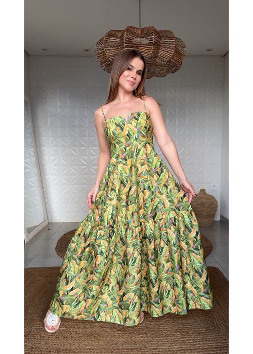 Vestido Longo Floresta De Passaros Estampado - LUCIELENA LARA