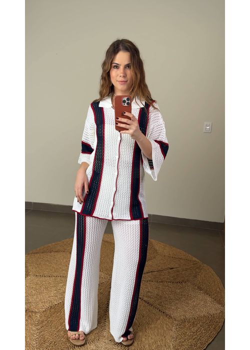 Conjunto Calça Crochê Listrado Off White - LUCIELENA LARA