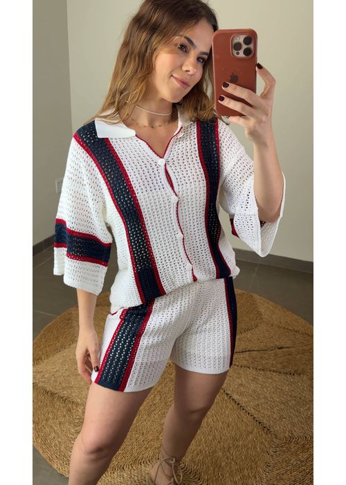 Conjunto Short Crochê Listra Off White - LUCIELENA LARA