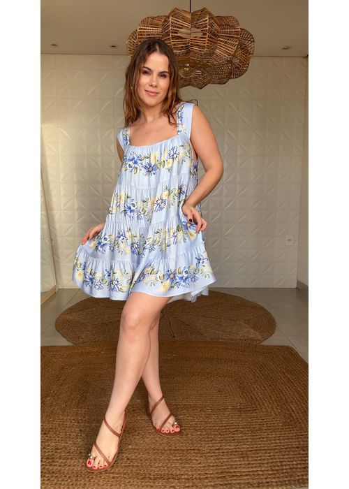 Vestido Curto Orquidário Azul Estampado - LUCIELENA LARA