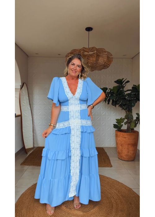 Vestido Longo Lisbela Chiclé Azul - LUCIELENA LARA