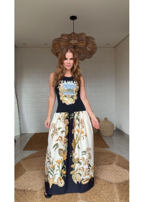 Vestido Midi Lenço Moldura Conchas Estampado - LUCIELENA LARA