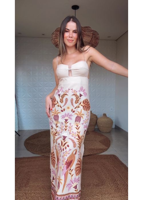 Vestido Longo Alça Tapeçaria Tropical Estampado - LUCIELENA LARA
