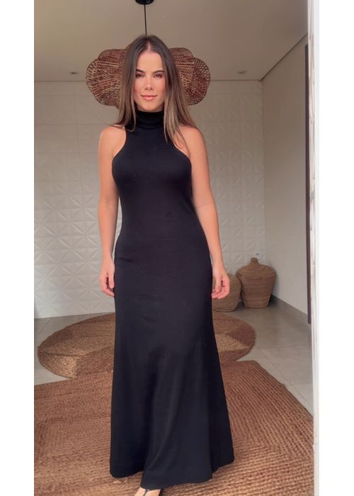 Vestido Rib Gola Alta Preto - LUCIELENA LARA