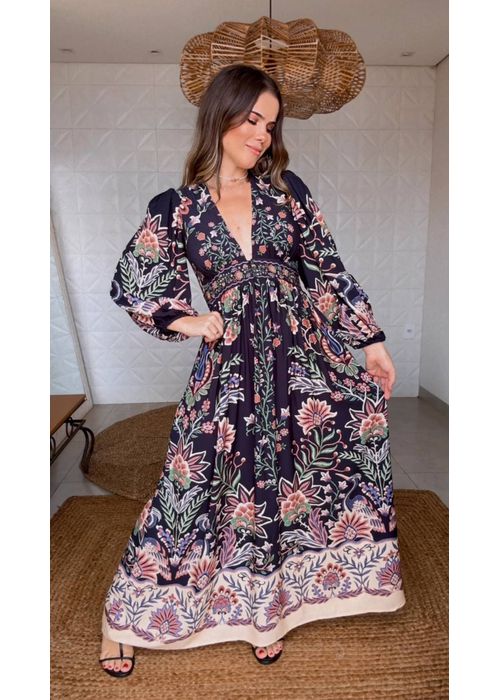 Vestido Longo Manga Jardim Maravilhoso Estampado - LUCIELENA LARA
