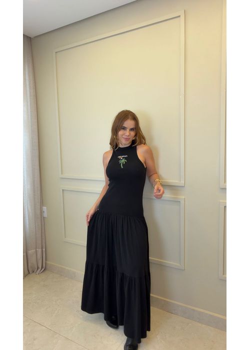 Vestido Cropped Marias Bordado Coqueiro Preto - LUCIELENA LARA