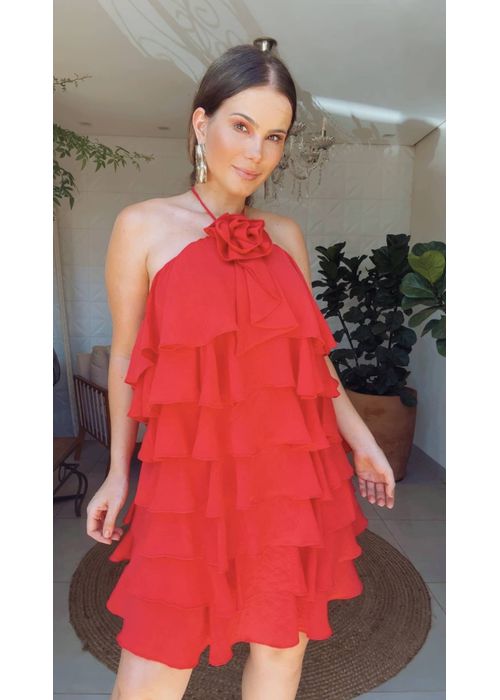 Vestidos Camadas Flor Chiclé Vermelha - LUCIELENA LARA