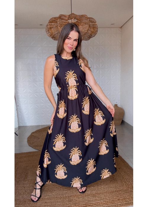 Vestido Midi Amalfi Abacaxi Estampado - LUCIELENA LARA