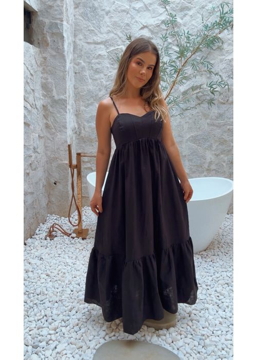 Vestido Linho Elizabete Preto - LUCIELENA LARA