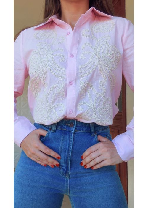 Camisa Bordada Anne Rosa - LUCIELENA LARA