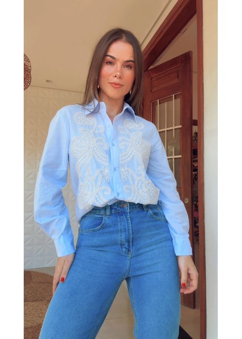 Camisa Bordada Anne Azul Claro - LUCIELENA LARA