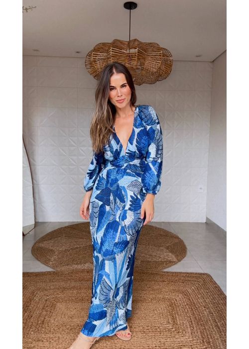 Vestido Longo Manga Festa De Pássaro Estampado - LUCIELENA LARA