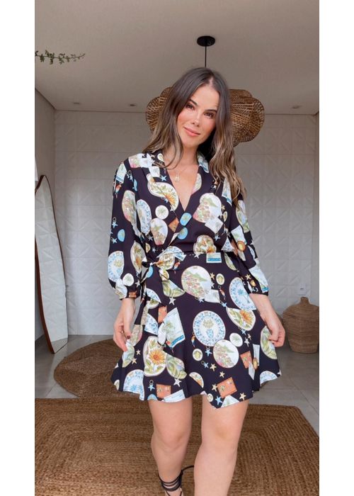 Vestido Curto Manga Souvenir Estampado - LUCIELENA LARA