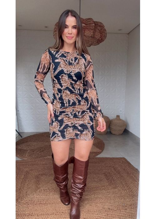 Vestido Tule Cavalo Onça Estampado - LUCIELENA LARA