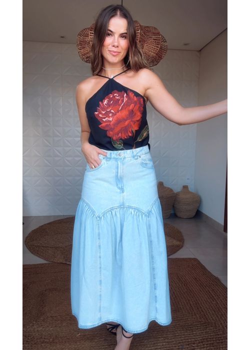 Saia Midi Jeans Pala Curva Franzida Estampado - LUCIELENA LARA