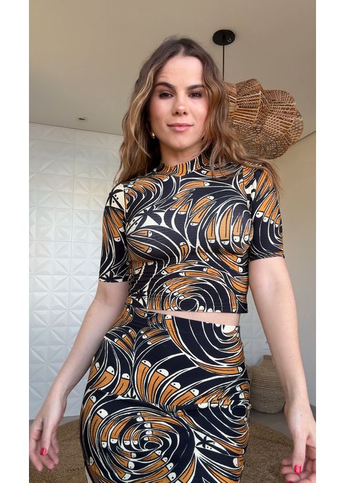 Blusa Cropped Leque De Tucano Estampado - LUCIELENA LARA