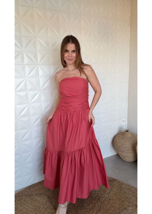 Vestido Sem Alça Franzido Vermelho Estampado - LUCIELENA LARA