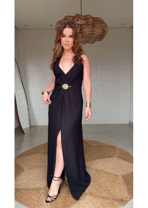 Vestido Frente Única Flor De Aruano Preto - LUCIELENA LARA