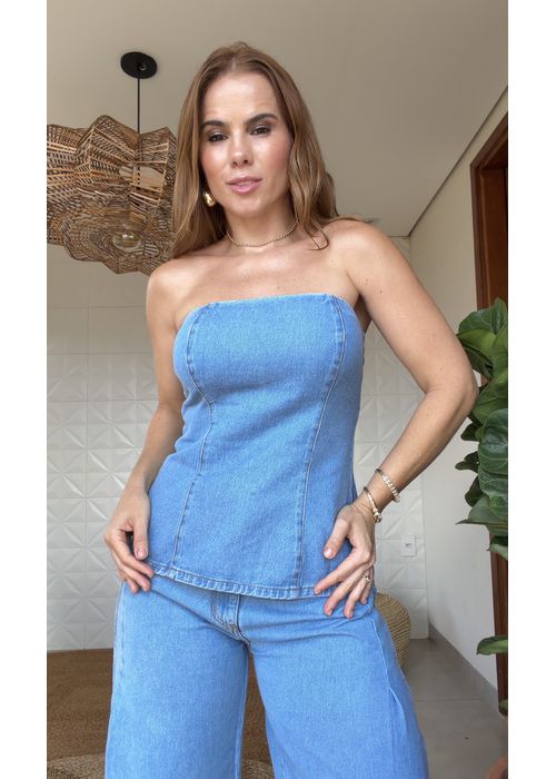 Top Alongado Contour Jeans Claro - LUCIELENA LARA