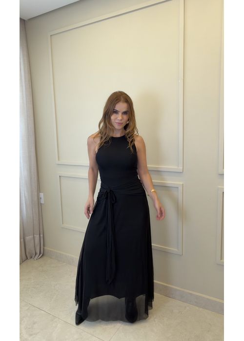 Vestido Cropped Amarração Tule Preto - LUCIELENA LARA