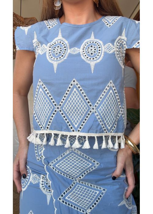 Blusa Bordada Nicole Azul Claro - LUCIELENA LARA